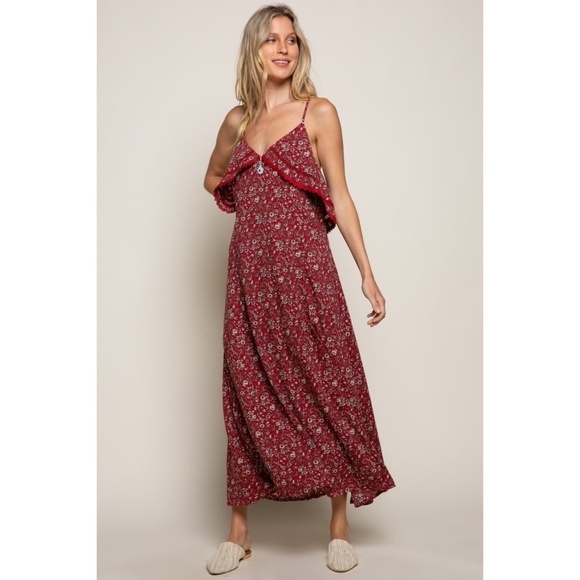 POL Red Floral Print Relaxed Fit Sleeveless Ruffle Midi Dress - Picture 7 of 7